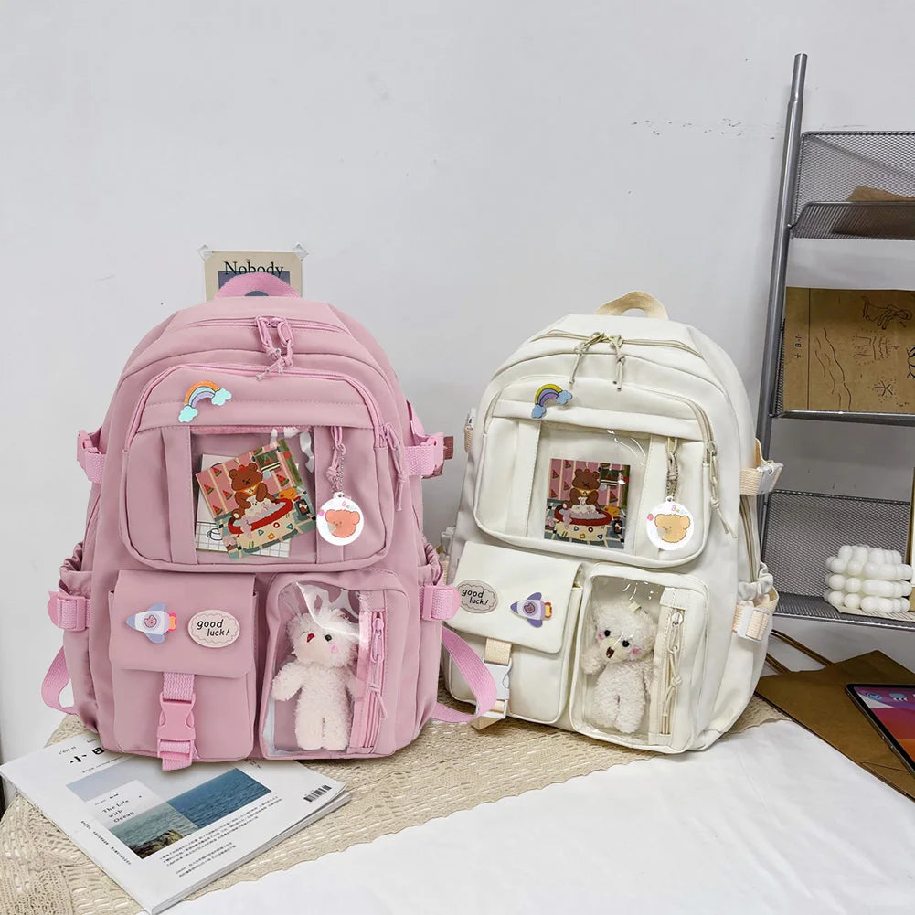 Woman Backpack Fashion College Student Rucksack Nylon with Plush Pendant Pin Kawaii Large Capacity Japanese Style for Teen Girls