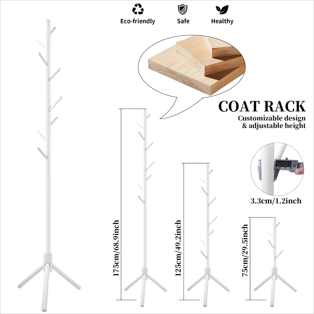 Solid Wood Coat Racks Stand Adjustable Height Clothes Hanger 8 Hook for Home Entryway Clothes Hat Scarves Handbags Rack
