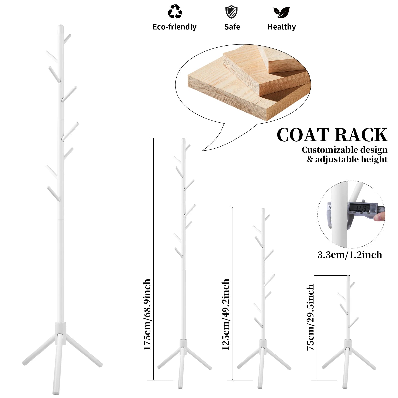 Solid Wood Coat Racks Stand Adjustable Height Clothes Hanger 8 Hook for Home Entryway Clothes Hat Scarves Handbags Rack
