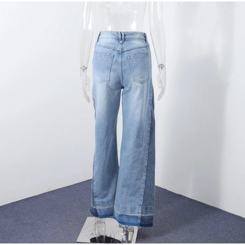 Chic Women's Side Patchwork Denim Jeans Pant High Waist Wide Leg Baggy Pants For Woman 2025 New Casual Daily Streetwear Trousers