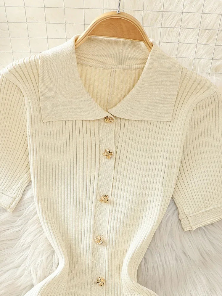 Summer 2024 New Women's Black Beige Single Breasted Knitted Long Dress Green Elegant Office Lady Short Sleeve Pleated Dress Chic