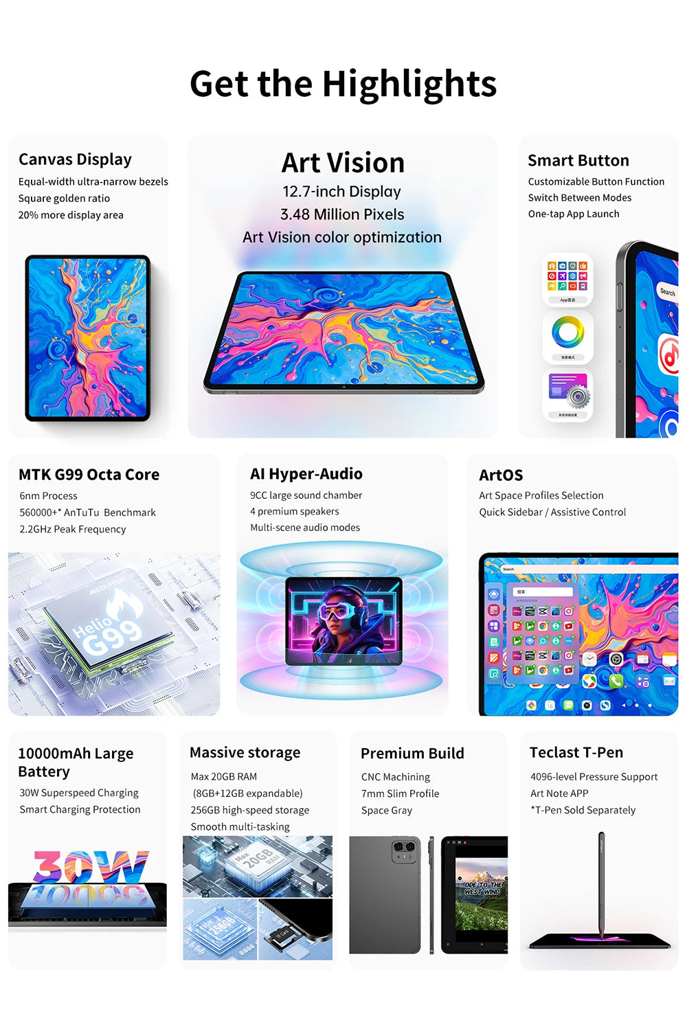 Teclast ArtPad Pro 12.7" 2.2K Display 8GB(+12G) 256GB MediaTek Helio G99 10000mAh 30W Android 15 Tablet PC 4G LTE Global Version