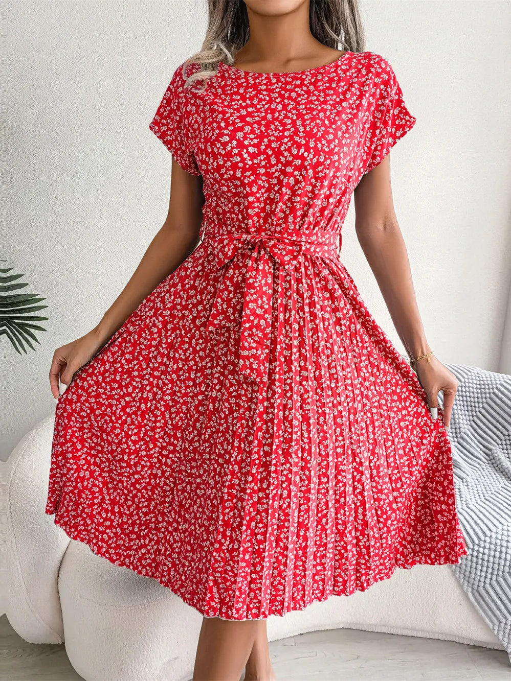 Women's Floral Pleated A Line Long Dress, Short Sleeve, High Waist, Chic, Spring, Summer
