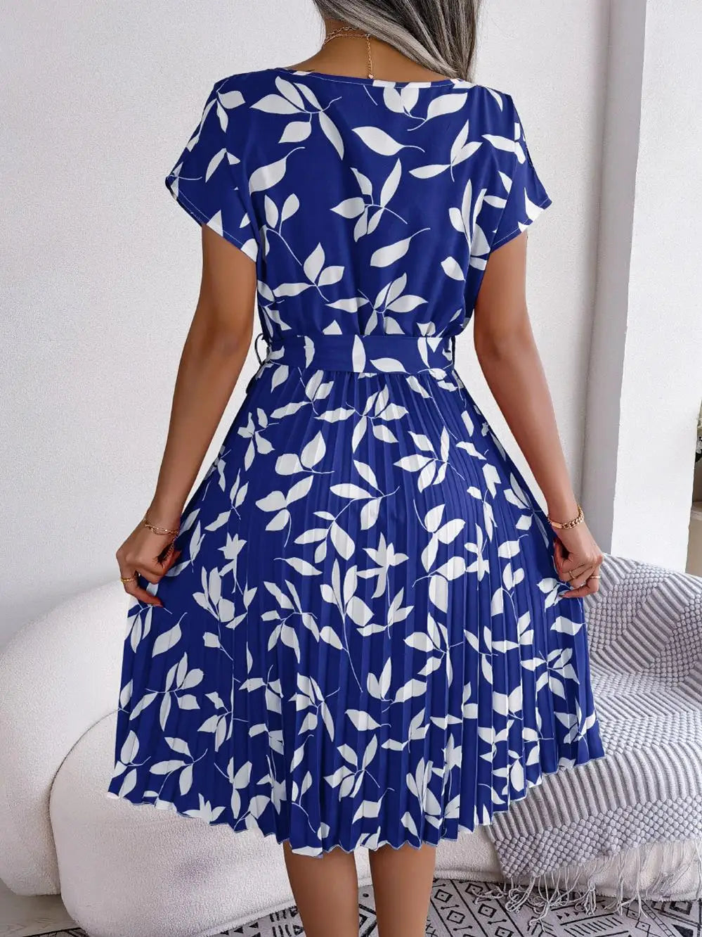 Women's Floral Pleated A Line Long Dress, Short Sleeve, High Waist, Chic, Spring, Summer