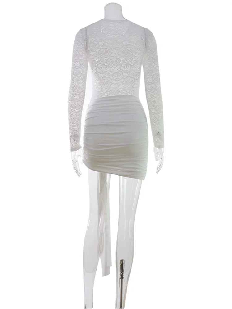 CNYISHE Lace Sheer Bodycon Sexy Club Women Dresses Solid Hip Wrap Fitness Skinny Trendy O Neck Long Sleeve Female Streetwear