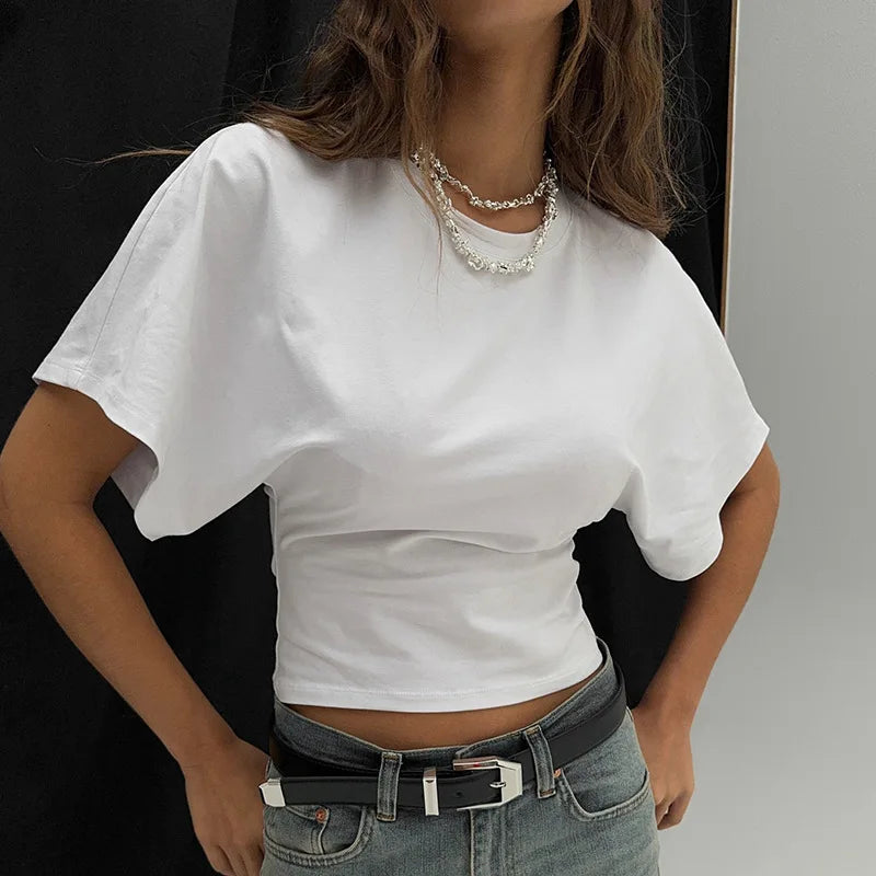 2025 casual solid color simple top round neck short sleeved women's T-shirt