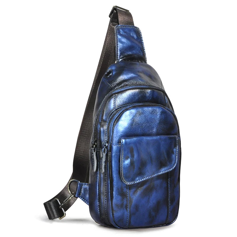 Men Quality Cow Leather Casual Fashion Triangle Crossbody Chest Sling Bag Design Travel One Shoulder Bag Daypack Male 8013