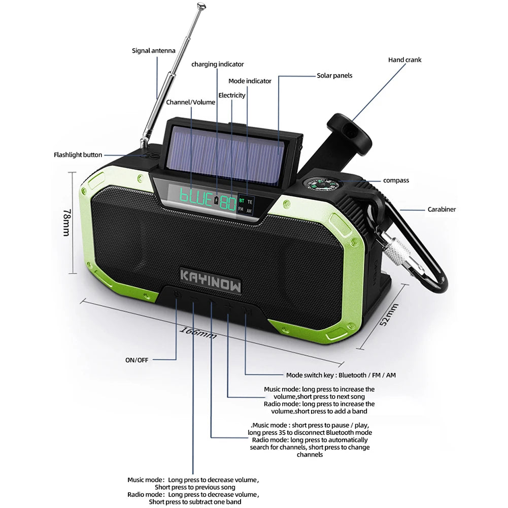 5000mAh Emergency Radio Solar Powered Hand Crank Radio Multifunctional Bluetooth AM/FM Weather Radio Speaker with LED Flashlight