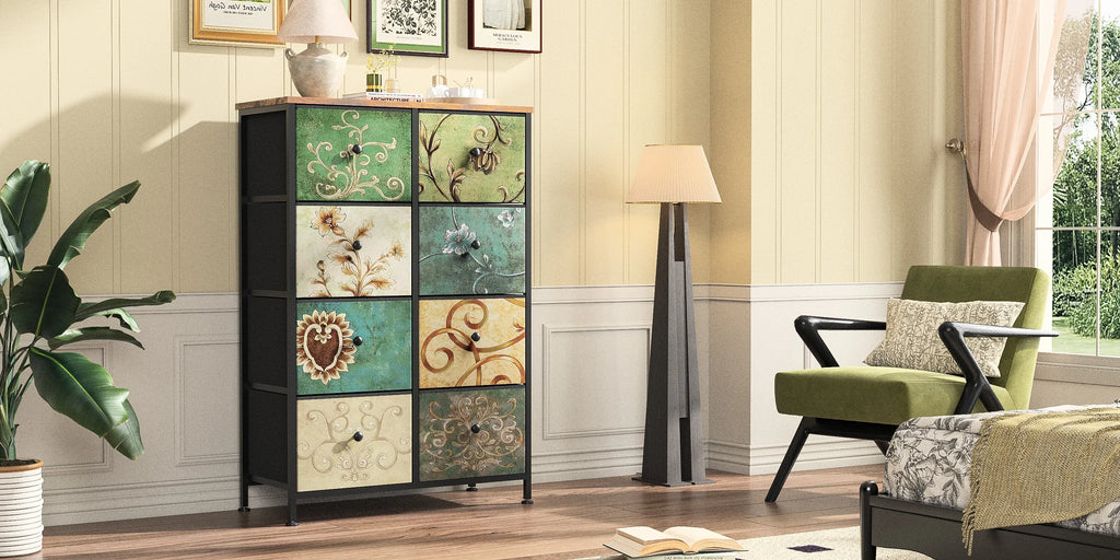Rosahqnda Vintage Cabinet with fabric Drawers TV Stand Chest of Drawers for Living Room Dining Room Bedroom Iron Frame