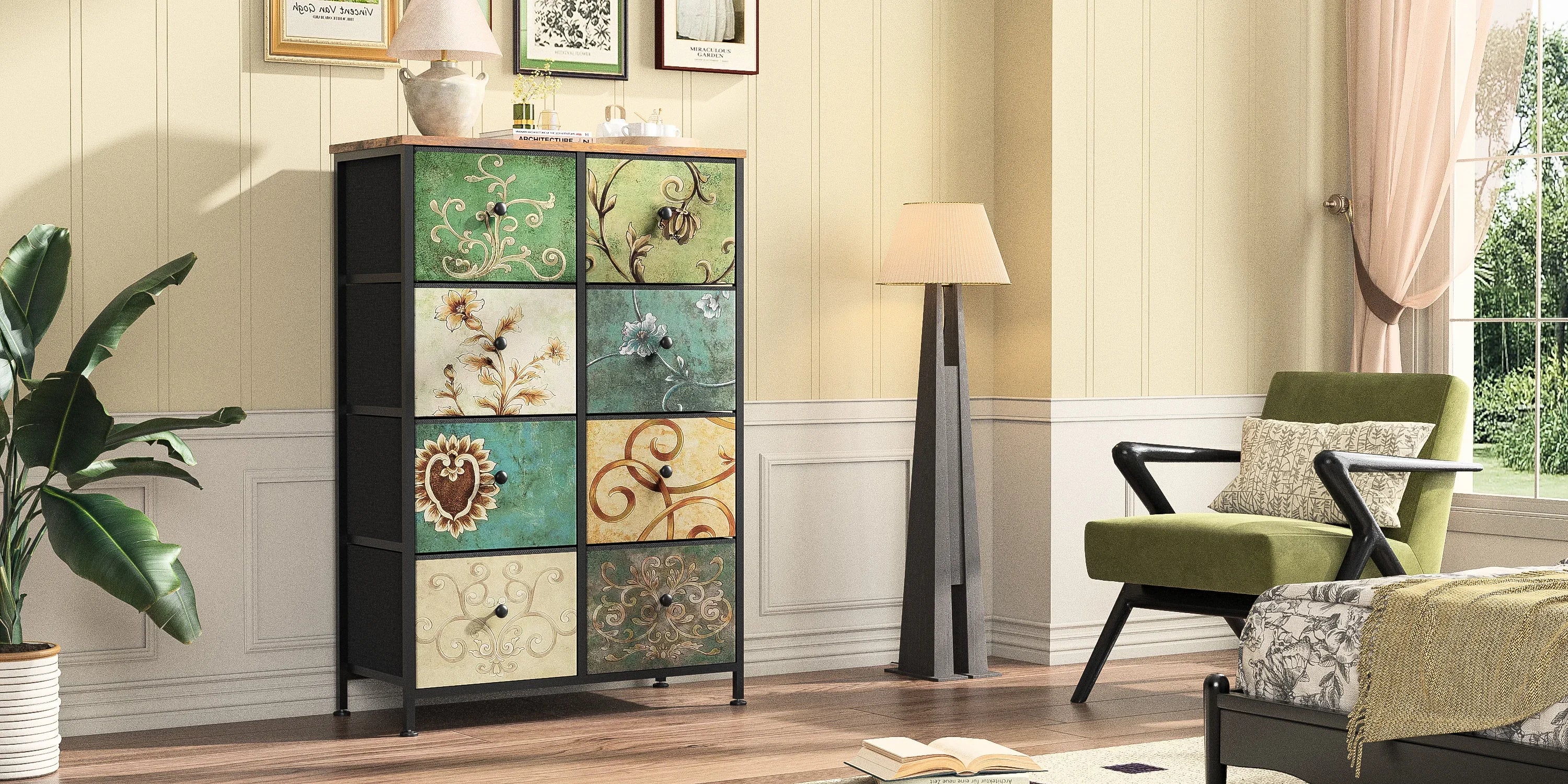 Rosahqnda Vintage Cabinet with fabric Drawers TV Stand Chest of Drawers for Living Room Dining Room Bedroom Iron Frame