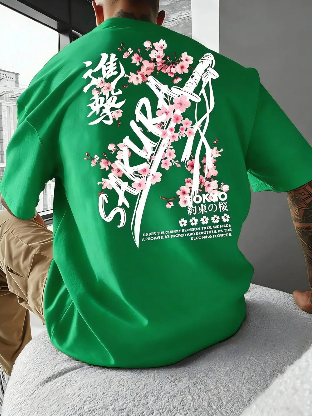 Fashionable men's summer personalized letter cherry blossom print soft and breathable round neck T-shirt outdoor festival street