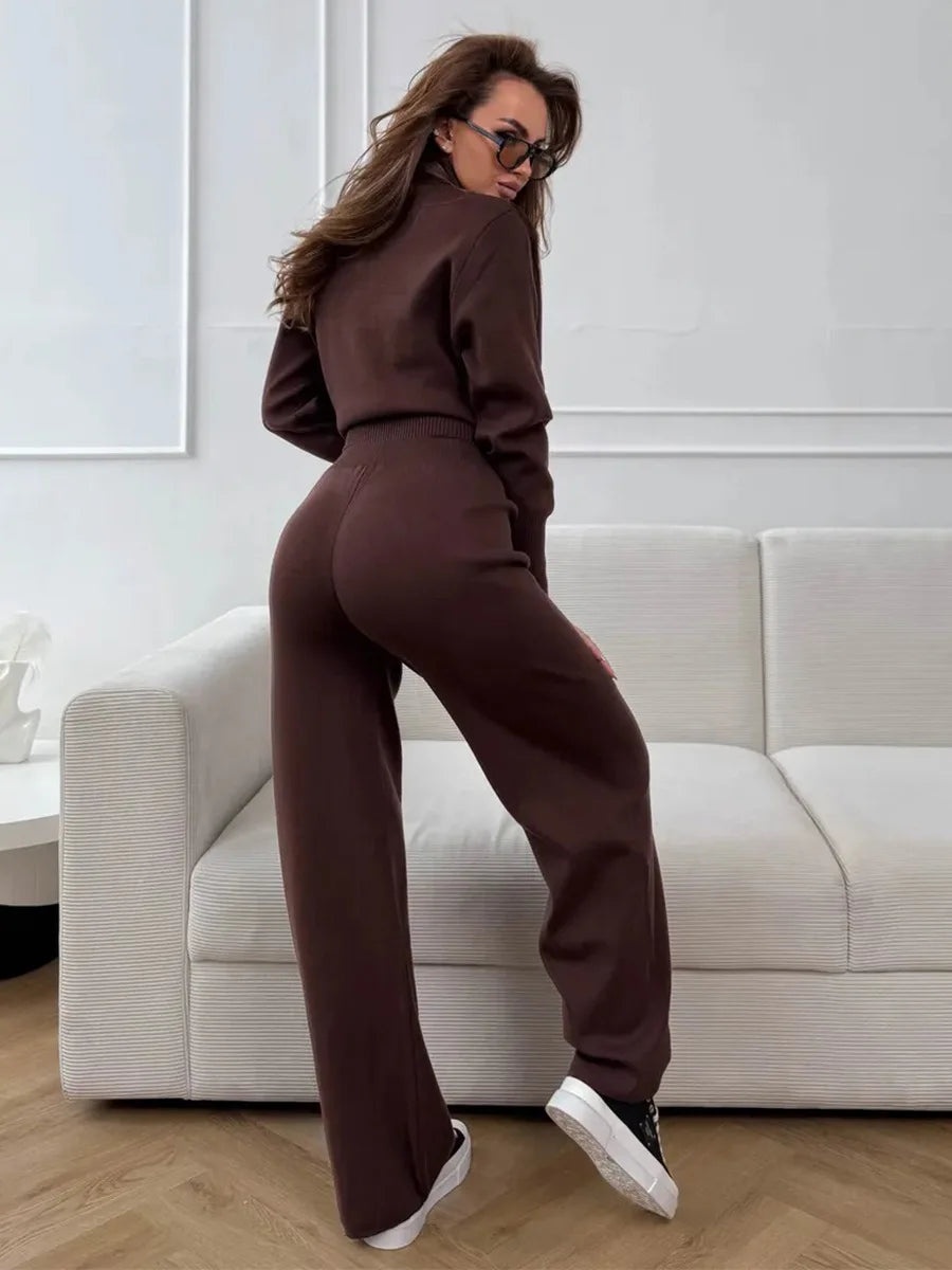 Bornladies Women's New Knit Zip Up Cardigan Wide Leg Pants Set Soft Fabric Cropped Elastic Waist Autumn Winter Fashion Sweater