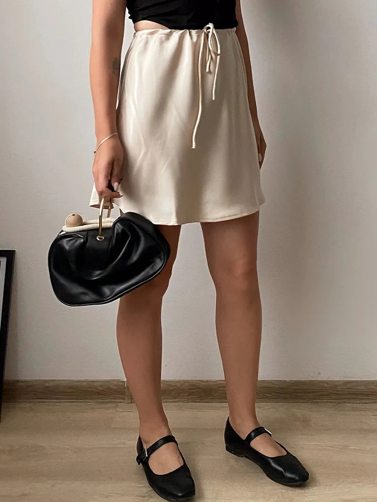 Satin Mini Skirts Women Summer Beige Silk Short Skirt For Woman Drawstring High Waist Black Satin Skirt A Line Women Short 2026
