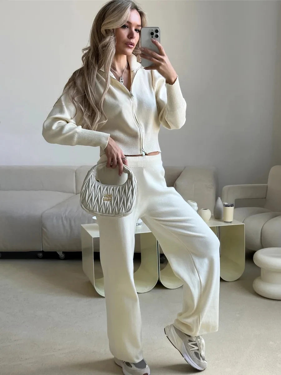 Bornladies Women's New Knit Zip Up Cardigan Wide Leg Pants Set Soft Fabric Cropped Elastic Waist Autumn Winter Fashion Sweater