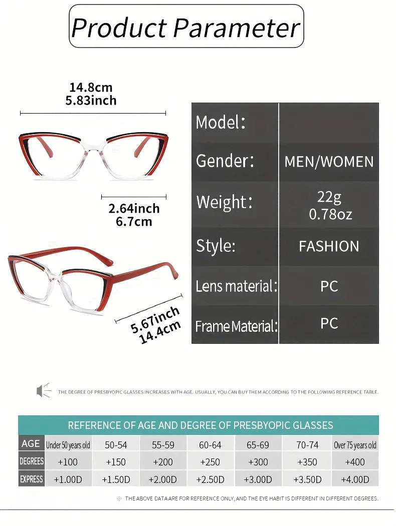 Vintage Cat-Eye Full Rim Reading Glasses Non-Prescription, PC Frame & Lens, Elegant Design, Range  1.0 to  4.0