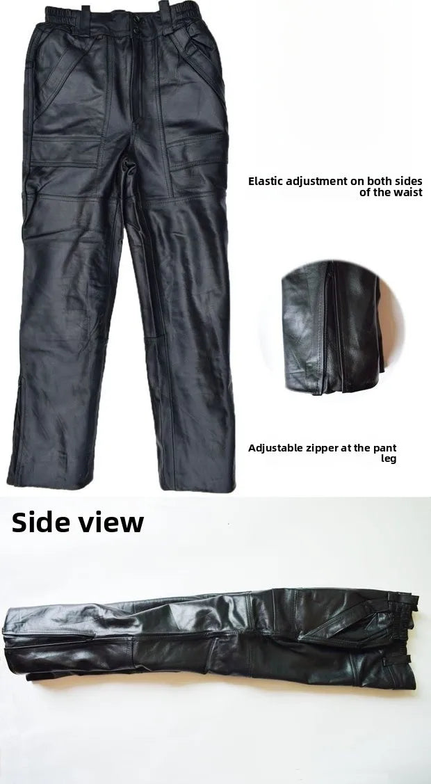 Leather Motorcycle Pants Men's Sheepskin Top Layer Loose Casual Trousers Autumn Winter High Waist Deep Crotch Business Scenarios