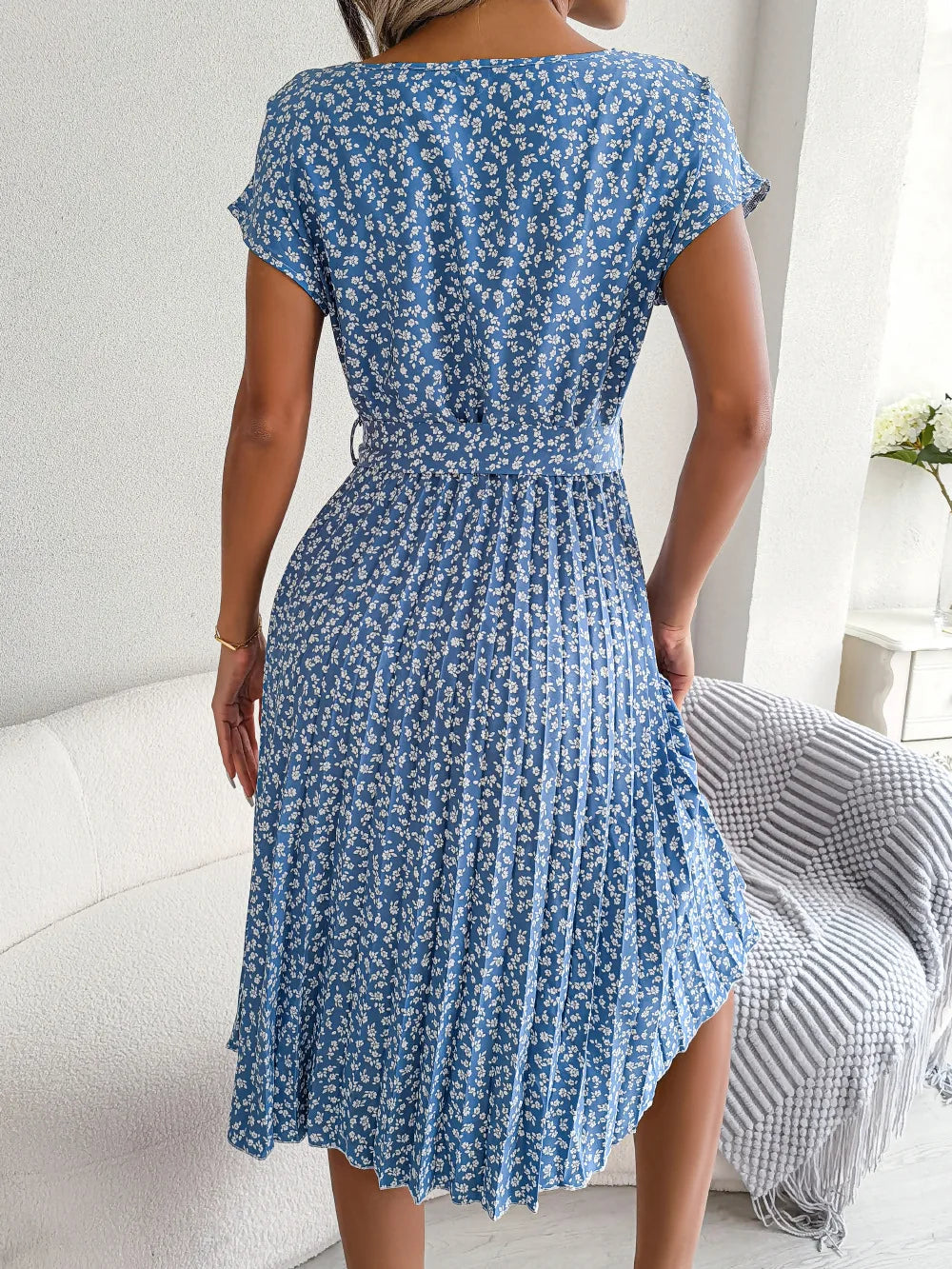 Women's Floral Pleated A Line Long Dress, Short Sleeve, High Waist, Chic, Spring, Summer