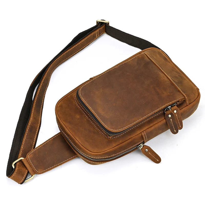 Mans 100% Genuine Leather Sling Bag Men Messenger Bags for Men Black Chest Bags for Phone Casual Sport Shoulder Bag