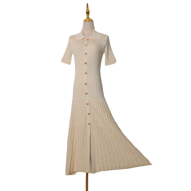Summer 2024 New Women's Black Beige Single Breasted Knitted Long Dress Green Elegant Office Lady Short Sleeve Pleated Dress Chic