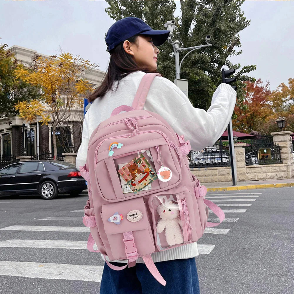 Woman Backpack Fashion College Student Rucksack Nylon with Plush Pendant Pin Kawaii Large Capacity Japanese Style for Teen Girls