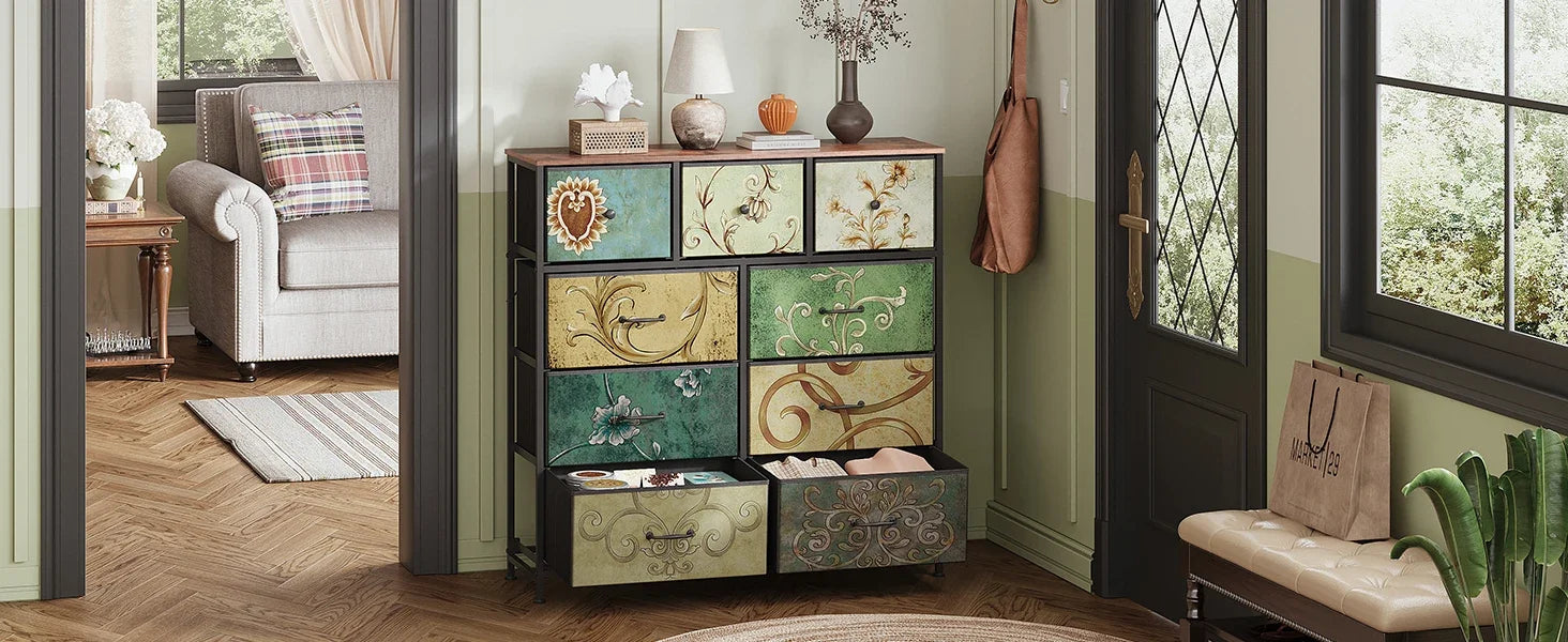 Rosahqnda Vintage Cabinet with fabric Drawers TV Stand Chest of Drawers for Living Room Dining Room Bedroom Iron Frame