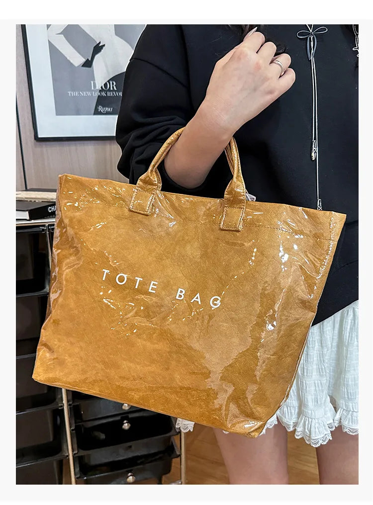 Retro tote bag waterproof DuPont paper shoulder bag fashionable commuting large capacity kraft paper handbag