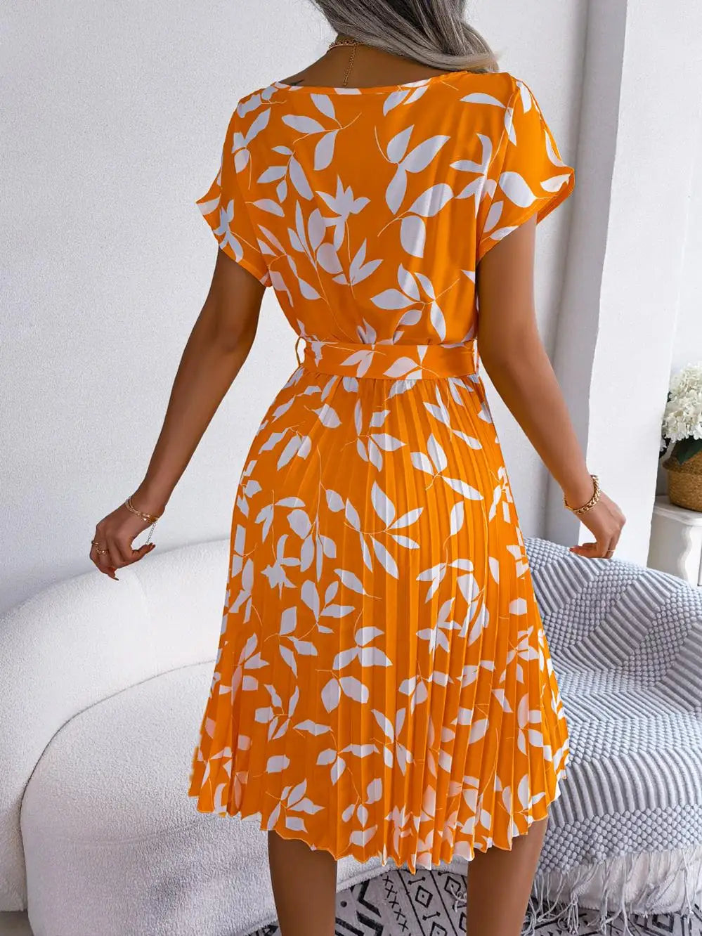 Women's Floral Pleated A Line Long Dress, Short Sleeve, High Waist, Chic, Spring, Summer