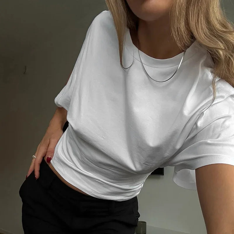 2025 casual solid color simple top round neck short sleeved women's T-shirt