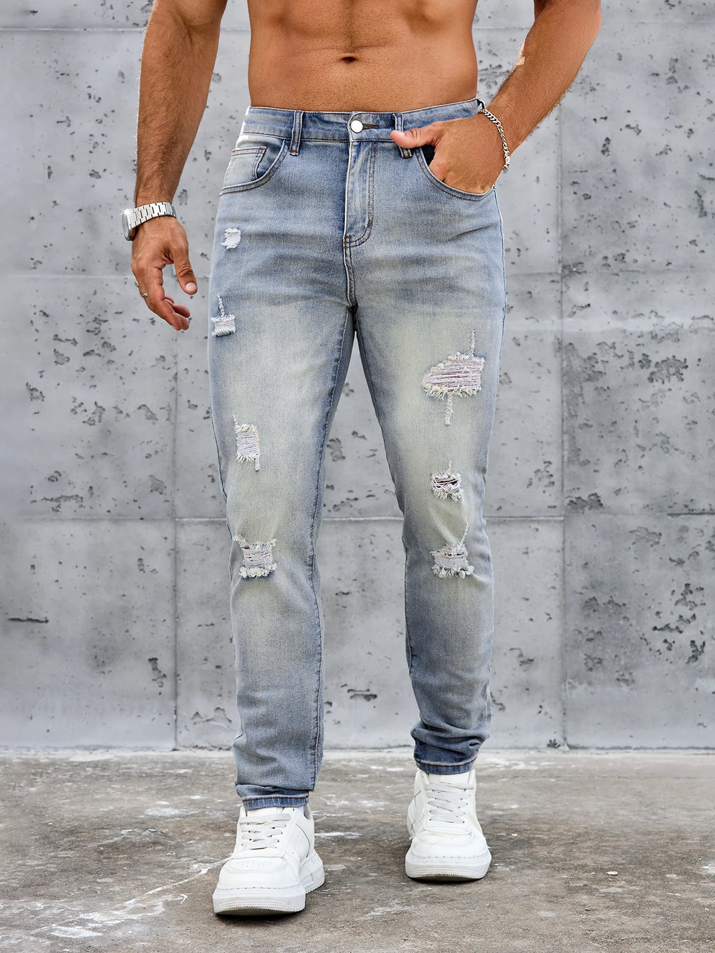 Men's Casual Slim Fit Stretch Jeans-Ripped Blue Denim Trousers Spring and Summer Pants Elastane Fabric