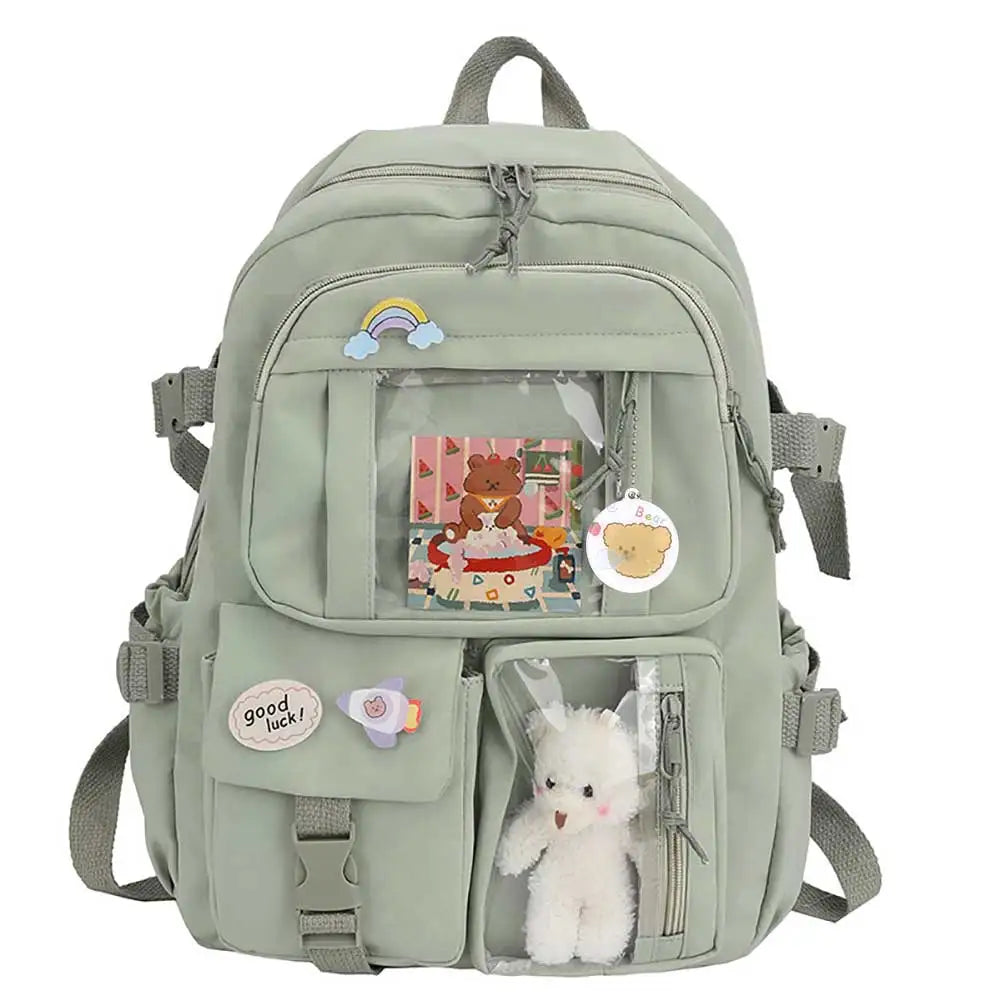 Woman Backpack Fashion College Student Rucksack Nylon with Plush Pendant Pin Kawaii Large Capacity Japanese Style for Teen Girls
