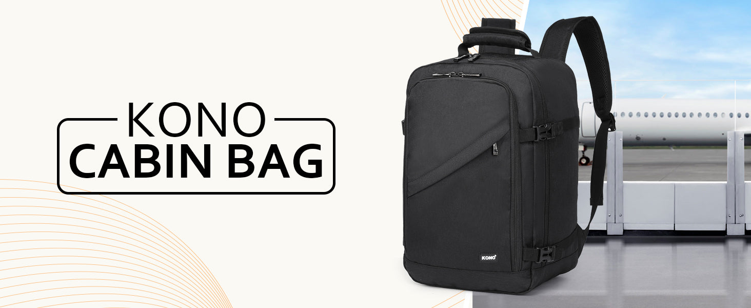 Kono Cabin bag 40x20x25 cm for Ryanair Under Seat hand luggage Backpack, Cabin Size 20L Black Minimalist